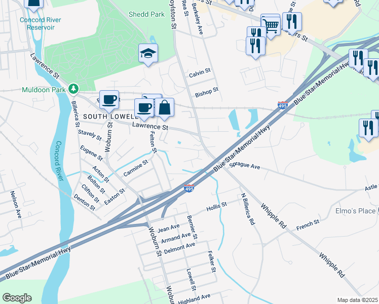 map of restaurants, bars, coffee shops, grocery stores, and more near 33 Boylston Lane in Lowell