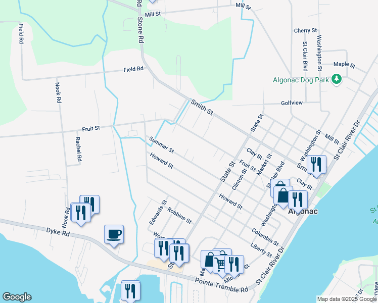 map of restaurants, bars, coffee shops, grocery stores, and more near 1100 Summer Street in Algonac