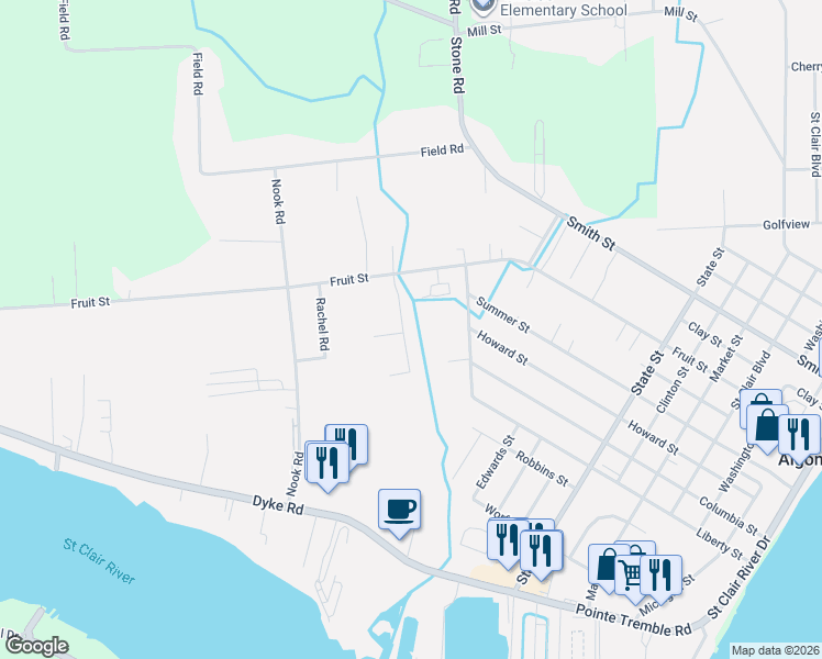 map of restaurants, bars, coffee shops, grocery stores, and more near 9529 Amy Road in Clay Township