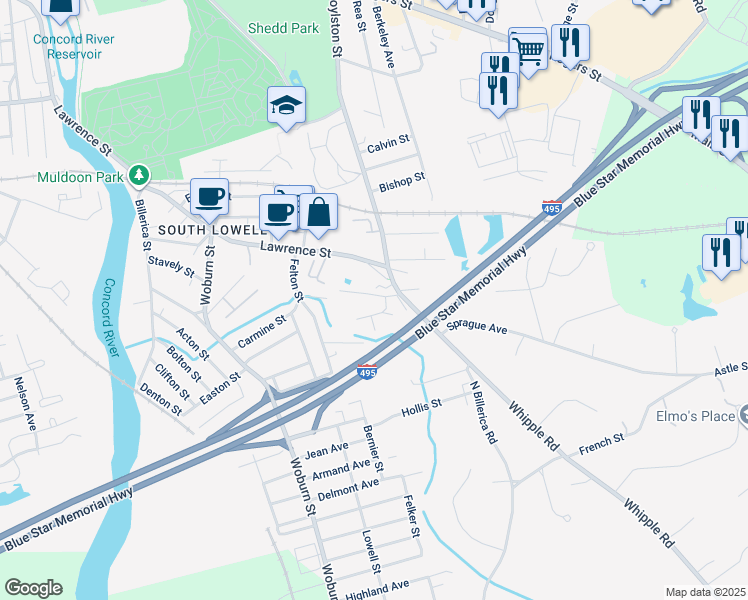 map of restaurants, bars, coffee shops, grocery stores, and more near 54 Boylston Lane in Lowell