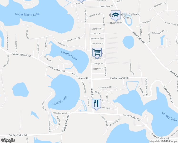 map of restaurants, bars, coffee shops, grocery stores, and more near 1062 Round Lake Road in White Lake charter Township