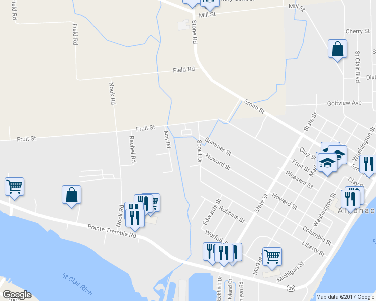 map of restaurants, bars, coffee shops, grocery stores, and more near 901 Scout Drive in Algonac