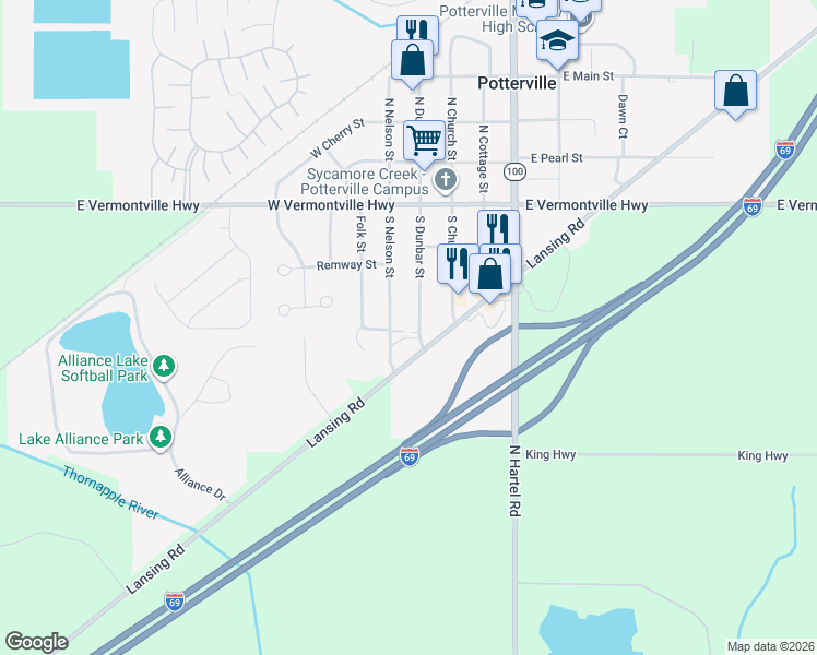 map of restaurants, bars, coffee shops, grocery stores, and more near 320 South Dunbar Street in Potterville