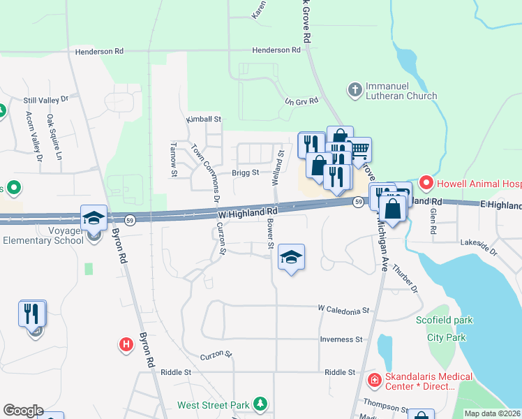 map of restaurants, bars, coffee shops, grocery stores, and more near 409 West Highland Road in Howell