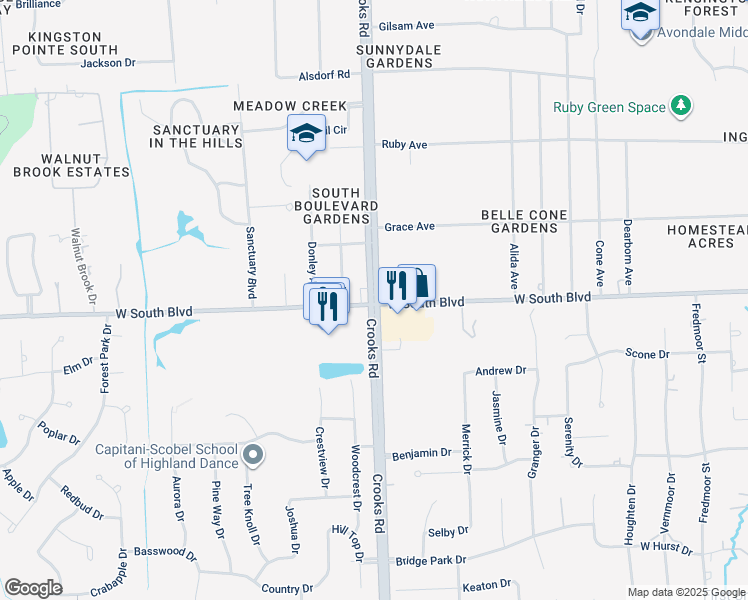 map of restaurants, bars, coffee shops, grocery stores, and more near 3989 Crooks Road in Rochester Hills