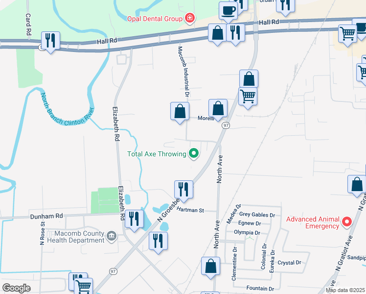 map of restaurants, bars, coffee shops, grocery stores, and more near 22760 Macomb Industrial Drive in Clinton Township