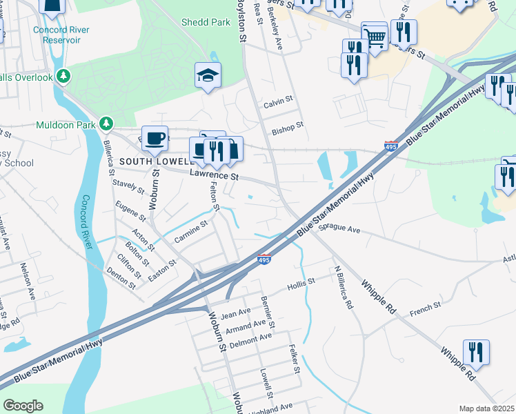 map of restaurants, bars, coffee shops, grocery stores, and more near 110 Boylston Lane in Lowell