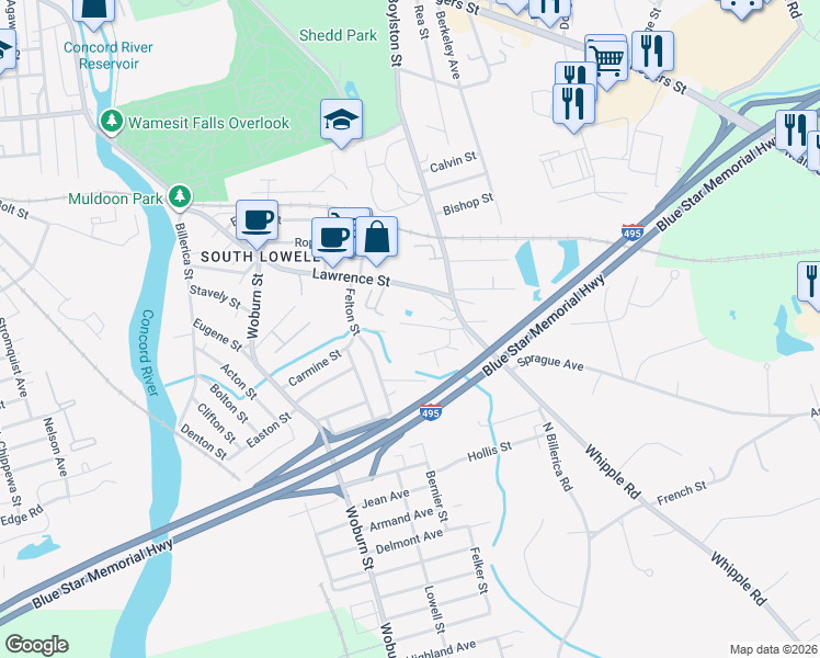 map of restaurants, bars, coffee shops, grocery stores, and more near 110 Boylston Lane in Lowell