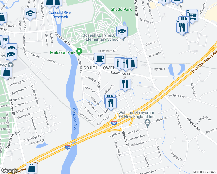 map of restaurants, bars, coffee shops, grocery stores, and more near 53 Juniper Street in Lowell