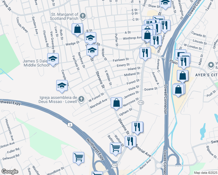 map of restaurants, bars, coffee shops, grocery stores, and more near 113 Forest Street in Lowell