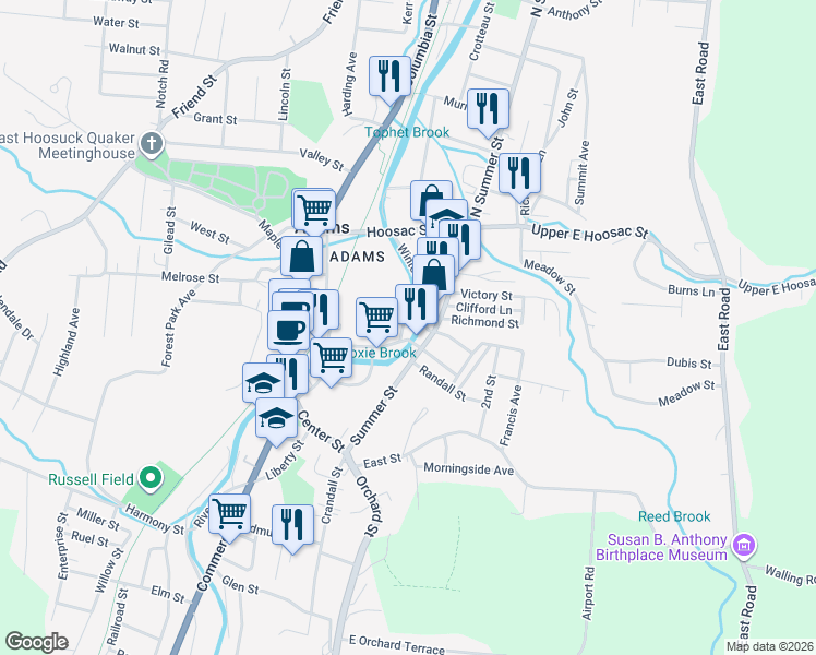map of restaurants, bars, coffee shops, grocery stores, and more near 8-10 Gavin Ave in Adams