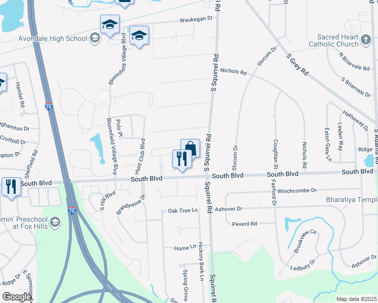 map of restaurants, bars, coffee shops, grocery stores, and more near 3210 Bloomfield Lane in Auburn Hills