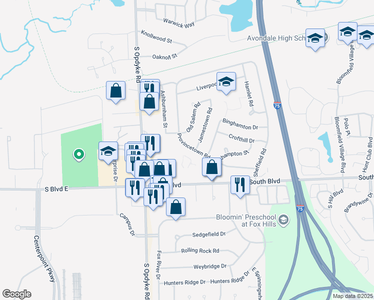 map of restaurants, bars, coffee shops, grocery stores, and more near 720 Provincetown Road in Auburn Hills