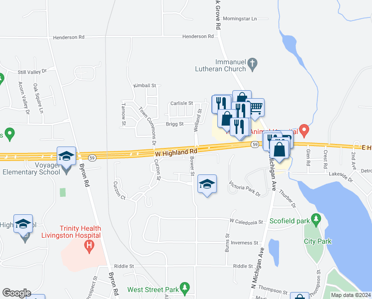 map of restaurants, bars, coffee shops, grocery stores, and more near 450 West Highland Road in Howell
