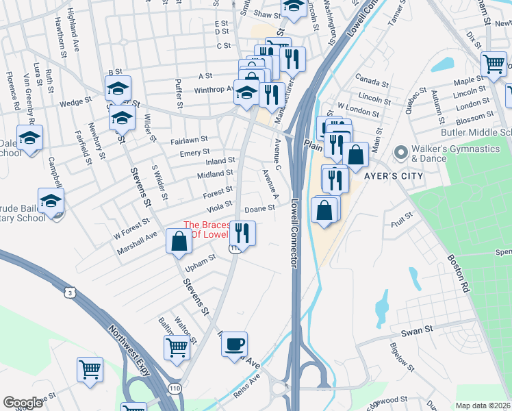 map of restaurants, bars, coffee shops, grocery stores, and more near 36 Morse Street in Lowell