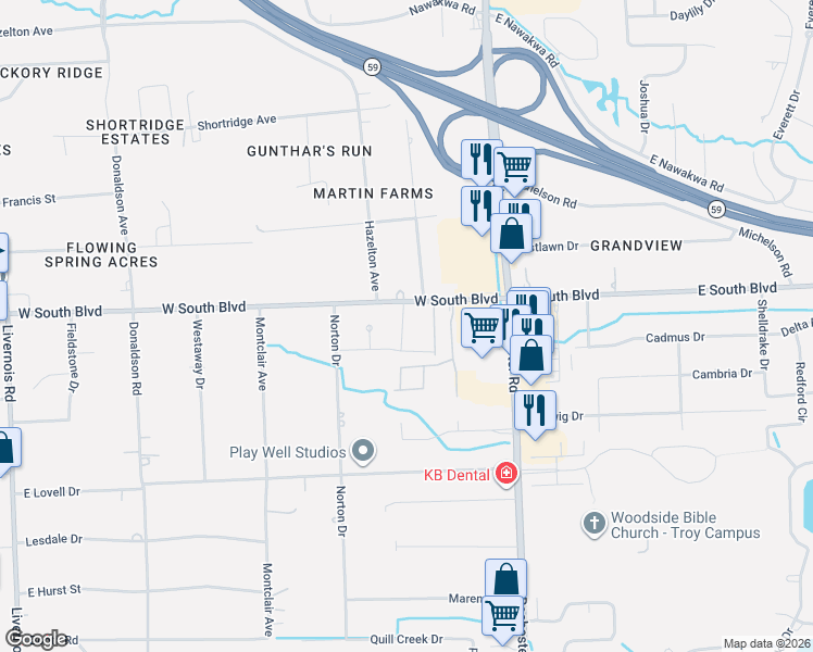map of restaurants, bars, coffee shops, grocery stores, and more near 6960 Norway Drive in Troy