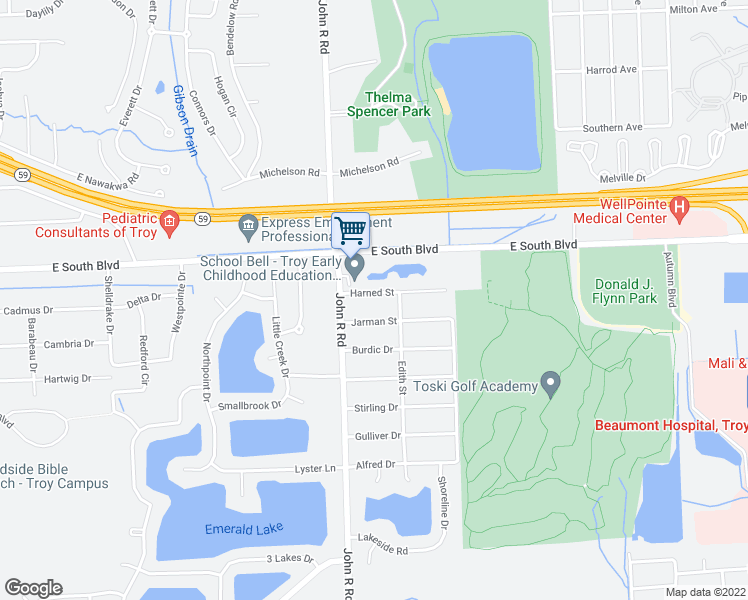 map of restaurants, bars, coffee shops, grocery stores, and more near 2060 Harned Drive in Troy