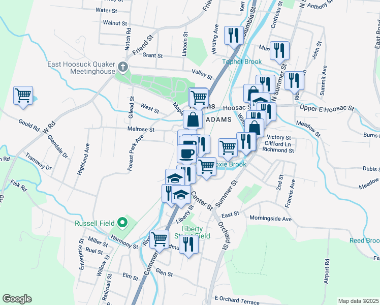 map of restaurants, bars, coffee shops, grocery stores, and more near 42 Park Street in Adams