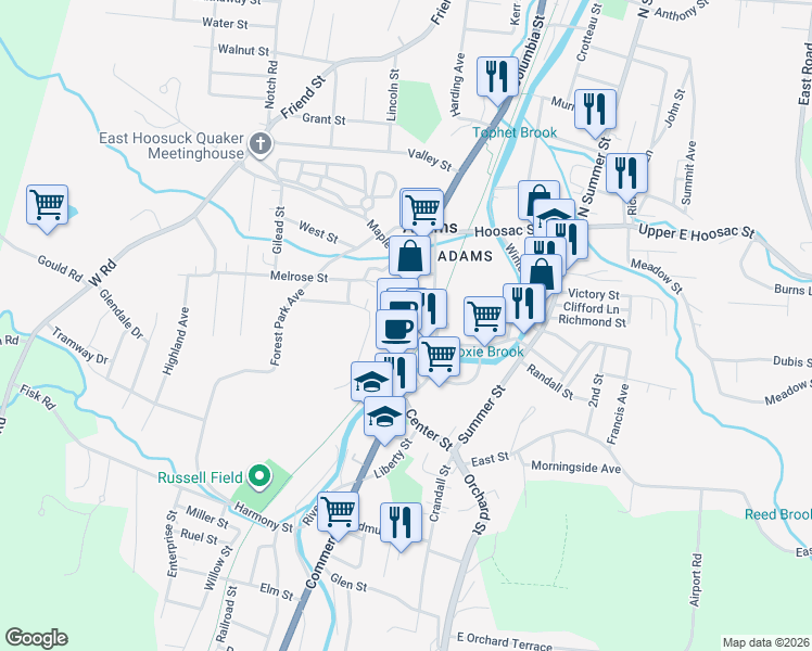 map of restaurants, bars, coffee shops, grocery stores, and more near 47 Park Street in Adams