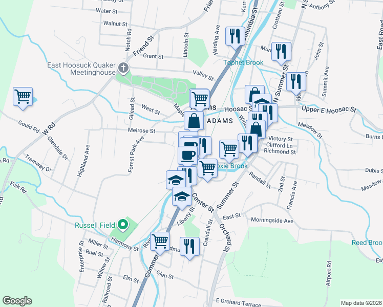 map of restaurants, bars, coffee shops, grocery stores, and more near 47 Park Street in Adams