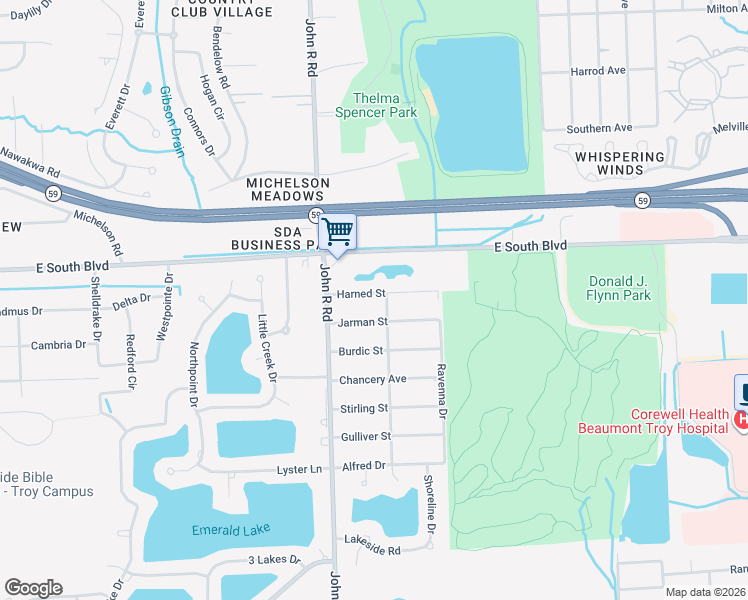 map of restaurants, bars, coffee shops, grocery stores, and more near 2067 Harned Drive in Troy