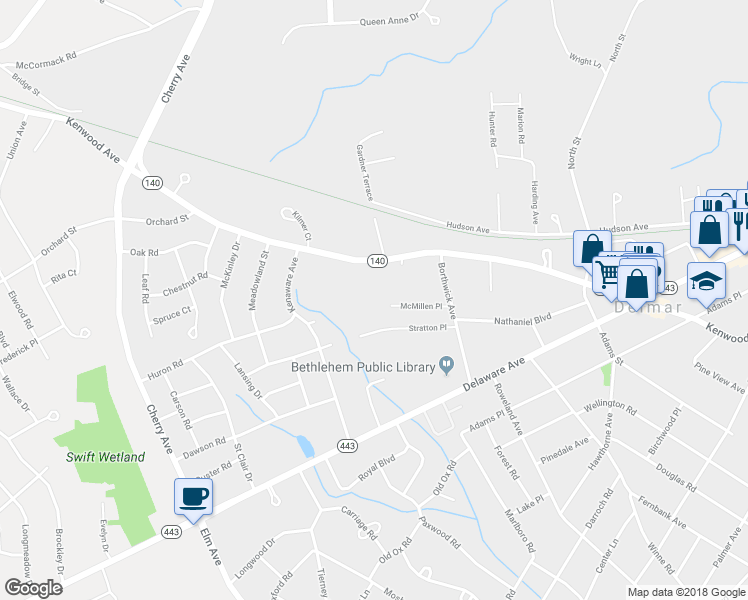 map of restaurants, bars, coffee shops, grocery stores, and more near 31 McMillen Place in Delmar