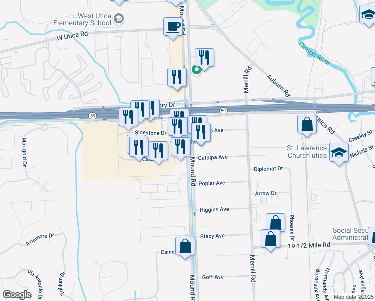 map of restaurants, bars, coffee shops, grocery stores, and more near 44635 Mound Road in Sterling Heights