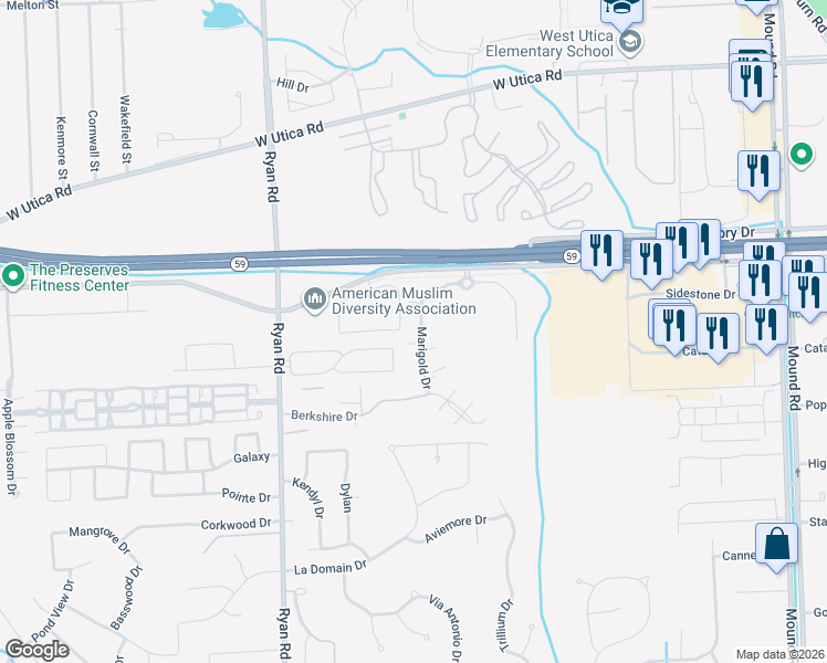 map of restaurants, bars, coffee shops, grocery stores, and more near 44753 Marigold Drive in Sterling Heights