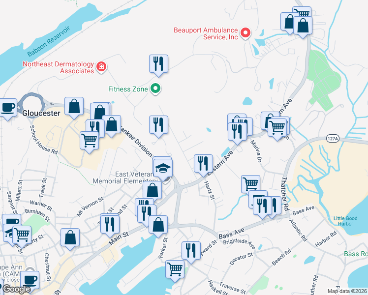 map of restaurants, bars, coffee shops, grocery stores, and more near 35 Harrison Avenue in Gloucester