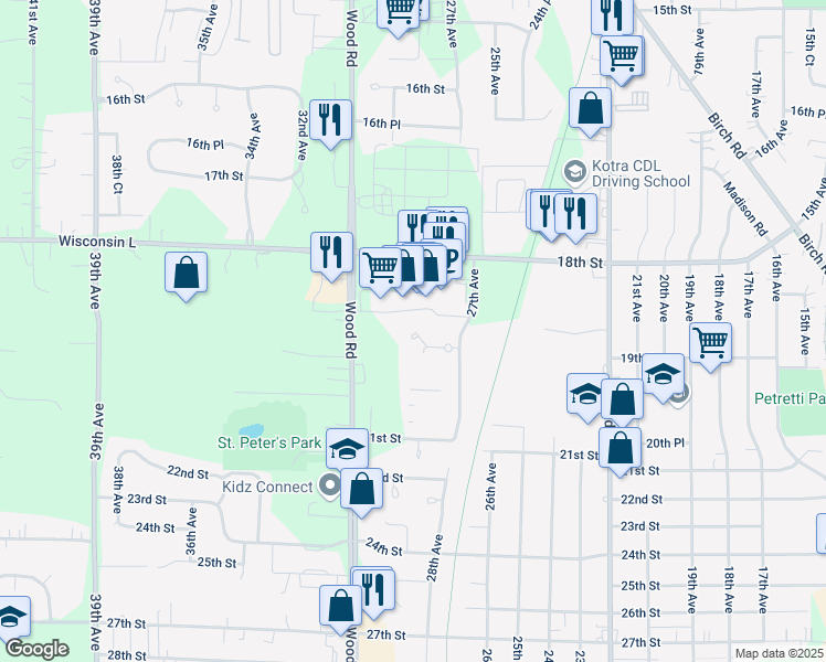 map of restaurants, bars, coffee shops, grocery stores, and more near 1860 27th Avenue in Kenosha