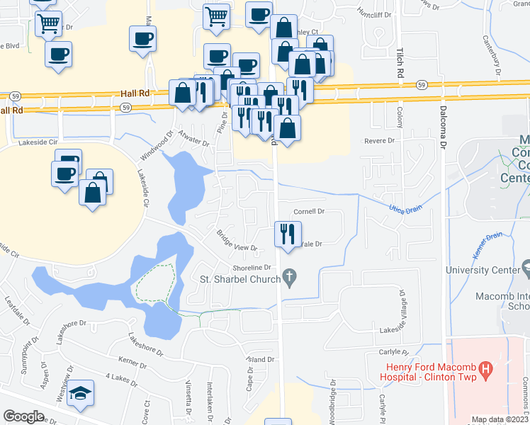map of restaurants, bars, coffee shops, grocery stores, and more near 44367 Sunnyside Drive in Sterling Heights