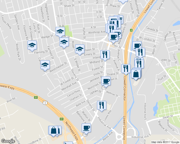 map of restaurants, bars, coffee shops, grocery stores, and more near 76 Forest Street in Lowell