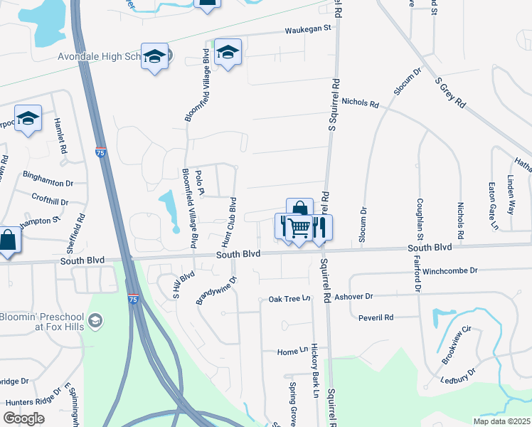 map of restaurants, bars, coffee shops, grocery stores, and more near 3161 Bloomfield Lane in Auburn Hills