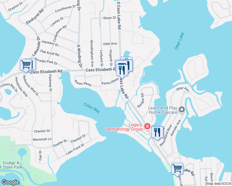 map of restaurants, bars, coffee shops, grocery stores, and more near 3591 Port Cove Drive in Oakland County