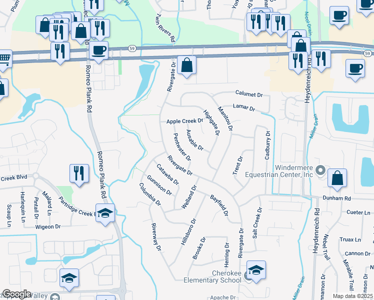 map of restaurants, bars, coffee shops, grocery stores, and more near 44198 Pentwater Drive in Clinton Township