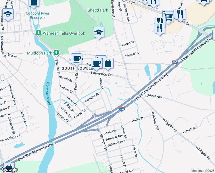 map of restaurants, bars, coffee shops, grocery stores, and more near 189 Circuit Avenue in Lowell