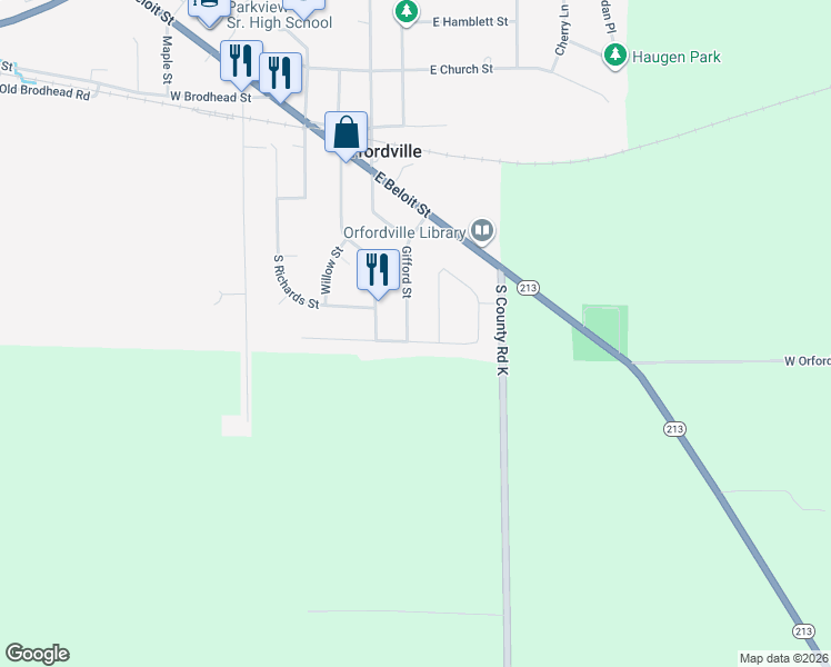 map of restaurants, bars, coffee shops, grocery stores, and more near 411 Gifford Street in Orfordville