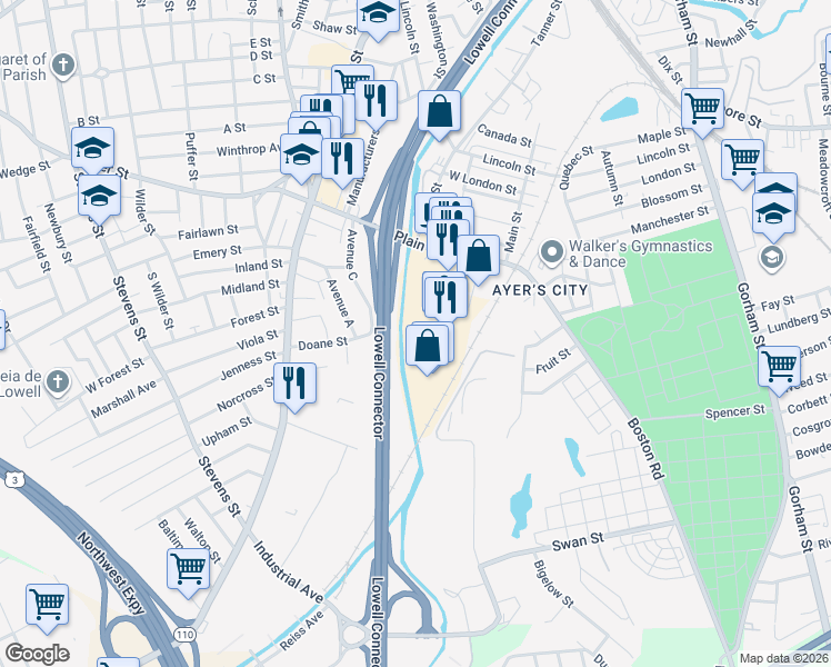 map of restaurants, bars, coffee shops, grocery stores, and more near 199 Plain Street in Lowell