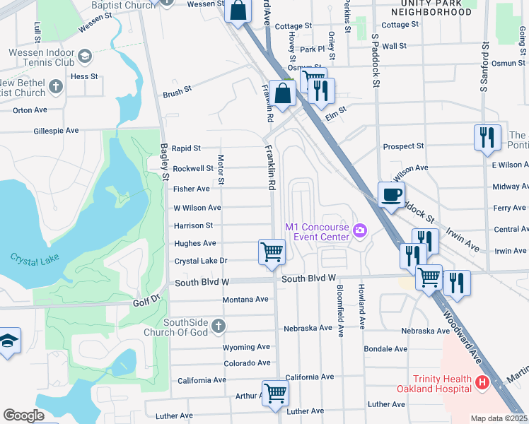 map of restaurants, bars, coffee shops, grocery stores, and more near 179 West Wilson Avenue in Pontiac