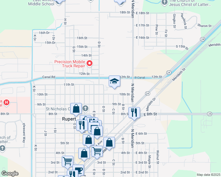 map of restaurants, bars, coffee shops, grocery stores, and more near 310 10th Street in Rupert