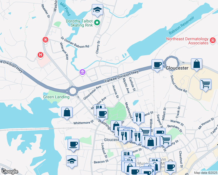 map of restaurants, bars, coffee shops, grocery stores, and more near 4 Springfield Street in Gloucester
