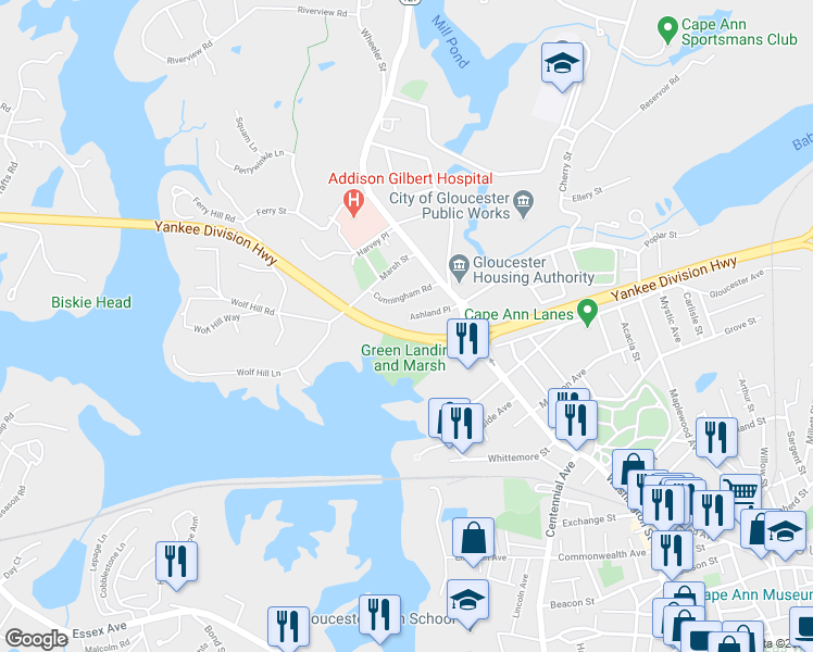 map of restaurants, bars, coffee shops, grocery stores, and more near 14 Ashland Place in Gloucester