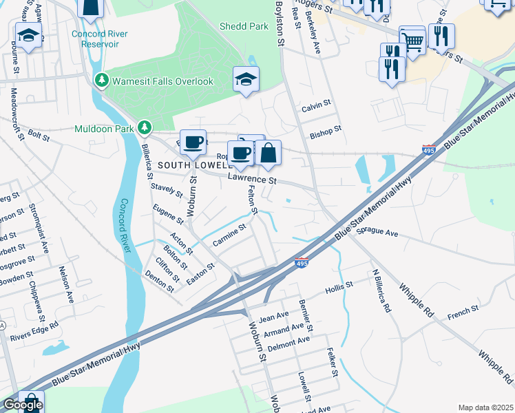 map of restaurants, bars, coffee shops, grocery stores, and more near 189 Circuit Avenue in Lowell