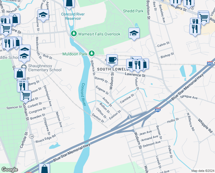 map of restaurants, bars, coffee shops, grocery stores, and more near 60 Woburn Street in Lowell