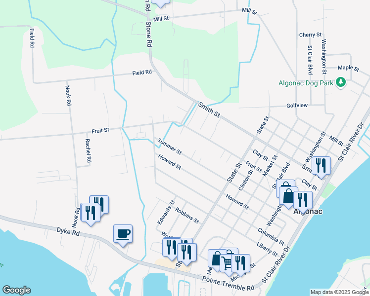 map of restaurants, bars, coffee shops, grocery stores, and more near 1110 Summer Street in Algonac