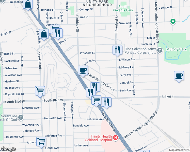 map of restaurants, bars, coffee shops, grocery stores, and more near 605 South Paddock Street in Pontiac