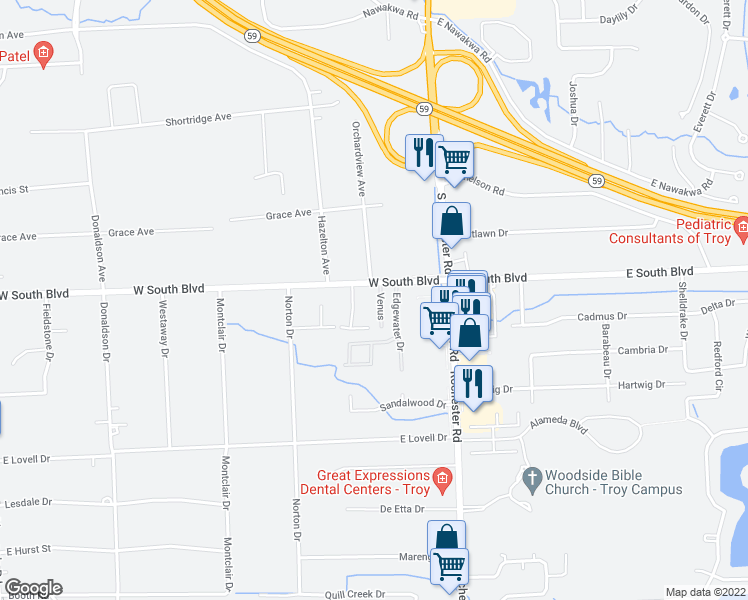 map of restaurants, bars, coffee shops, grocery stores, and more near 6965 Venus in Troy