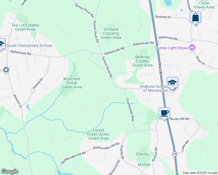 map of restaurants, bars, coffee shops, grocery stores, and more near 101 Sunset Rock Road in Andover