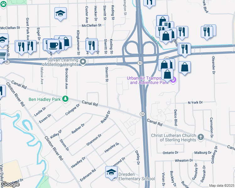 map of restaurants, bars, coffee shops, grocery stores, and more near 44459 Patricia Drive in Sterling Heights