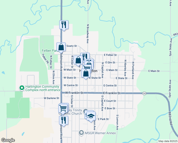 map of restaurants, bars, coffee shops, grocery stores, and more near 109 East Main Street in Hartington